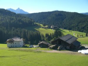 Vista panoramica con prati, boschi e montagne