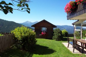 Gartenhütte im Grün mit Bergblick unter strahlend blauem Himmel